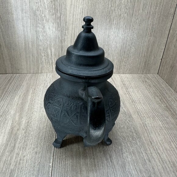 Vintage Ornate Cast Iron Moroccan Teapot w/ Lid Textured Matte Black - Picture 4 of 11